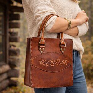Handcrafted Brown Leather Artisan Bag Tooled Floral Rustic Boho Equestrian Purse